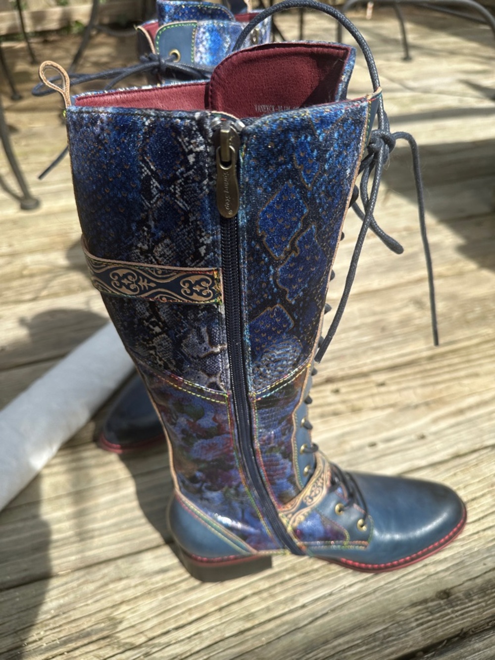 Blue Embroidered Lace-Up Mid-Calf Boots - Picture 4 of 4